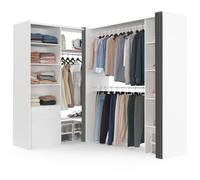 IDMarket - Dressing extensible d'angle MARLON 200 x 150 x 180 cm cm blanc avec penderies + tiroirs + étagères + rideaux gris