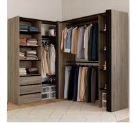 IDMARKET Dressing extensible d'angle MARLON 200 x 150 x 180 cm hêtre avec penderies + tiroirs + étagères + rideaux noirs