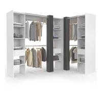 IDMarket - Dressing extensible d'angle MARLON 230 x 140 x 180 cm blanc avec penderies + étagères + rideaux gris