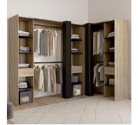 Dressing Extensible D'angle Marlon 230 X 140 X 180 Cm Cm Hêtre Avec Penderies + Étagères + Rideaux Noirs