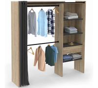 IDMarket Dressing extensible MARTY 120/170×50×180 cm hêtre avec étagères double penderie rideau noir