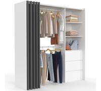 Dressing extensible MARTY 120/170 x 50 x 180 cm blanc avec 3 tiroirs + étagères + double penderie + rideau gris