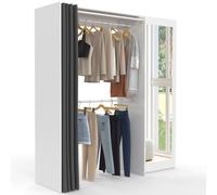 Dressing extensible MARTY 120/170 x 50 x 180 cm blanc avec étagères + double penderie + miroir + rideau gris