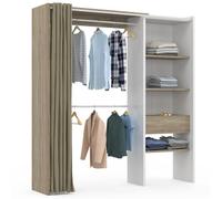 IDMarket Dressing extensible MARTY 120/170×50×180 cm blanc, étagères hêtre, rideau taupe