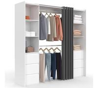 IDMarket - Dressing extensible double MERYL 120/180 cm blanc avec 6 tiroirs + étagères + double penderie + rideau gris