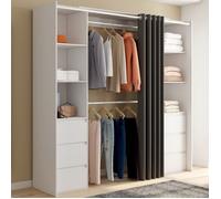 IDMARKET Dressing extensible double MERYL 120/180 cm blanc avec 6 tiroirs + étagères + double penderie + rideau gris
