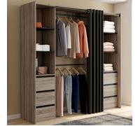 IDMARKET Dressing extensible double MERYL 120/180 cm hêtre avec 6 tiroirs + étagères + double penderie + rideau noir