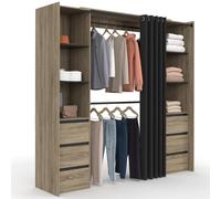 IDMARKET Dressing extensible double MERYL 120/180 cm hêtre avec 6 tiroirs + étagères + double penderie + rideau noir