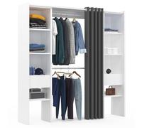 IDMarket – Dressing extensible double MERYL 120/180×50×180 cm blanc, étagères, penderie, rideau gris