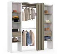 IDMarket Dressing extensible double MERYL 120/180×50×180cm blanc, double penderie, rideau taupe