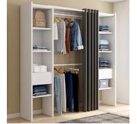 Dressing Extensible Double Meryl 120/180 X 50 X 180 Cm Blanc Avec Étagères + Double Penderie + Rideau Gris Blanc