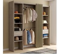 IDMARKET Dressing extensible double MERYL 120/180 x 50 x 180 cm hêtre avec étagères + double penderie + rideau taupe