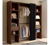 IDMARKET Dressing extensible double MERYL 120/180 x 50 x 180 cm noyer avec étagères + double penderie + rideau noir
