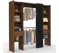 IDMarket - Dressing extensible double MERYL 120/180 x 50 x 180 cm noyer avec étagères + double penderie + rideau noir