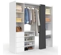 IDMarket - Dressing Extensible Double XXL Meryl 120/180 Blanc et Gris | Avec penderie + 7 étagères + 5 tiroirs + 4 étagères à chaussures + rideau gris