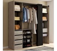 IDMarket - Dressing extensible double XXL MERYL 120/180 cm hêtre avec tiroirs + étagères + penderie + rideau noir