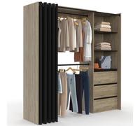 IDMarket - Dressing extensible MARTY 120/170 x 50 x 180 cm hêtre avec 3 tiroirs + étagères + double penderie + rideau noir