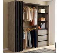 IDMARKET Dressing extensible MARTY 120/170 x 50 x 180 cm hêtre avec 3 tiroirs + étagères + double penderie + rideau noir