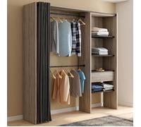 IDMarket - Dressing Extensible Marty 120/170 x 50 x 180 cm hêtre avec étagères + Double penderie + Rideau Noir