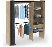 IDMarket Dressing extensible MARTY, 120/170x50x180 cm, bois et noir, double penderie et étagères avec rideau