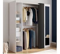 IDMARKET Dressing extensible MERYL 145/170 x 50 x 180 cm blanc avec étagères + double penderie + miroir + rideau gris