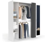 IDMarket - Dressing extensible MERYL 145/170 x 50 x 180 cm blanc avec étagères + double penderie + miroir + rideau gris