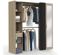 IDMarket - Dressing extensible MERYL 145/170 x 50 x 180 cm hêtre avec étagères + double penderie + miroir + rideau noir