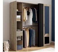 IDMARKET Dressing extensible MERYL 145/170 x 50 x 180 cm hêtre avec étagères + double penderie + miroir + rideau noir