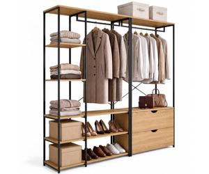 IDMarket - Dressing modulable double penderie DETROIT L.170 cm | Design industriel, bois et métal noir, 2 modules multi position, avec double penderie + 8 étagères + 2 tiroirs