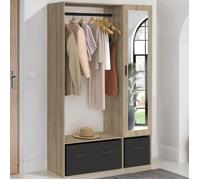 IDMARKET Dressing penderie BERENICE 105 x 40 x 172 cm hêtre avec étagères + boites de rangement noires + miroir