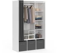 IDMarket Dressing penderie DIANE 105×45×167 cm blanc, étagères, boîtes, rideau gris