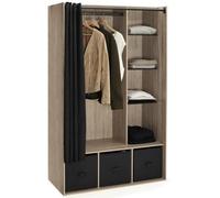 Dressing Penderie Diane 105 X 50 X 172 Cm Hêtre Avec Étagères + Boites De Rangement + Rideau Noir Noir