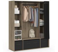 IDMarket - Dressing penderie DIANE 140 x 45 x 167 cm hêtre avec étagères + boites de rangement + rideau noir