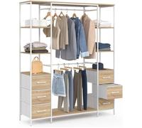 IDMarket Dressing UTAH, Double penderie et double colonne, 140x40x167 cm, Bois et Blanc, 6 étagères et 6 tiroirs en tissu