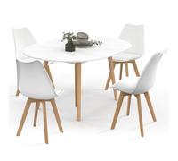 IDMarket - Ensemble Table à Manger Extensible Ronde Angela Blanc Pied Bois 110-150 cm et 4 chaises SARA Blanches
