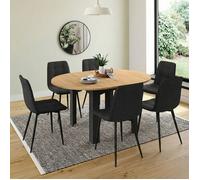 IDMARKET Ensemble table à manger extensible ronde DONA noire plateau façon hêtre 110 - 150 cm et 6 chaises MILA velours noir