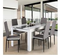 IDMarket Ensemble table à manger GEORGIA 140 cm blanche/grise +6 chaises ROMANE grises liseré blanc
