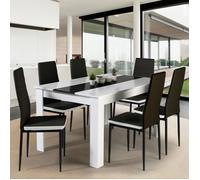Ensemble Table À Manger Georgia 140 Cm Blanche Et Noire Et 6 Chaises Romane Noires Liseré Blanc Noir