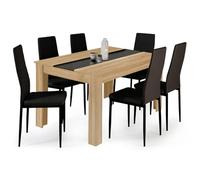 IDMarket Ensemble table à manger GEORGIA 140cm imitation hêtre/noire 6 chaises Romane noires