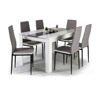 IDMarket Ensemble table à manger GEORGIA 140 cm blanche/grise +6 chaises ROMANE grises liseré blanc