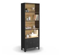 IDMarket - Etagère bibliothèque 5 Niveaux avec Placard Ester Portes métal Noir et Plateau Bois Design Industriel