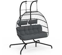 Fauteuil ?uf Suspendu Ajouré 2 Places Effet Rotin Gris Avec Coussin Gris
