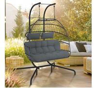 Fauteuil ?uf Suspendu Ajouré 2 Places Effet Rotin Gris Avec Coussin Gris