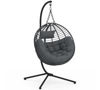 IDMarket - Fauteuil Rond Suspendu ajouré Effet rotin Gris avec Coussin Gris