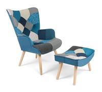 Fauteuil scandinave IVAR avec repose pieds en tissu patchwork et velours bleu