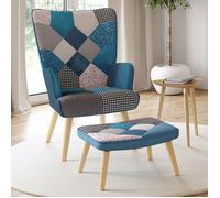 IDMarket – Fauteuil scandinave Ivar avec repose-pieds en tissu patchwork et velours bleu