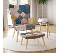 IDMarket – Fauteuil scandinave IVAR avec repose-pieds en tissu patchwork multicouleurs