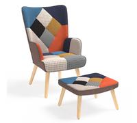 IDMarket - Fauteuil scandinave Ivar avec Repose Pieds en Tissu Patchwork Multicouleurs et imprimé Pied de Poule