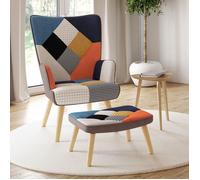 IDMARKET Fauteuil scandinave IVAR avec repose pieds en tissu patchwork multicouleurs et imprimé pied de poule