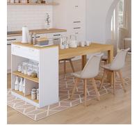 IDMarket - Ilot Central avec Table à Manger 5 Personnes Gary 190 cm Blanc et Plateau Bois